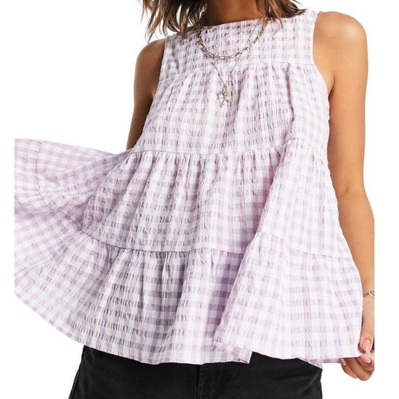 NWT ASOS Tiered Sleeveless Gingham Blouse in Purple & White - Picture 4 of 8